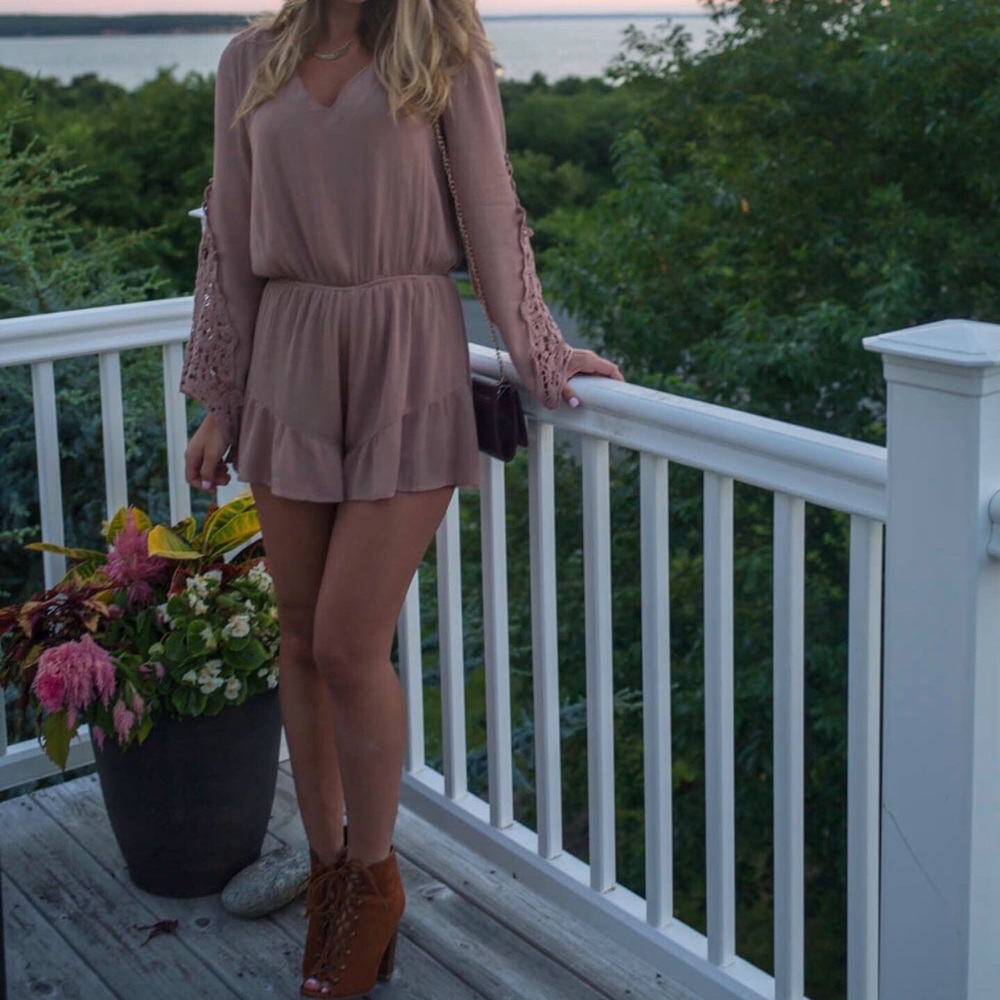 taupe romper with crochet details